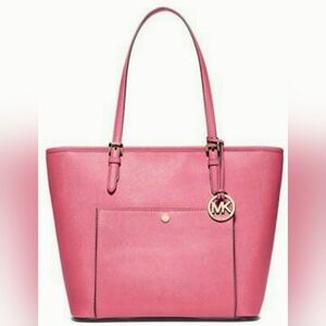 Michael Kors MK Large Jet Set Pink Snap Pocket Tote Purse Handbag